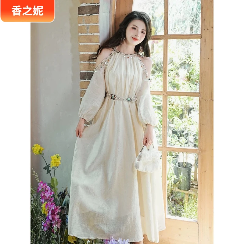 1夏季新款法式温柔气质时尚绝美修身显瘦圆领露肩长袖连衣裙长裙I