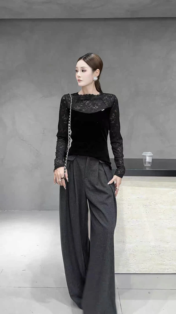 98252#秋冬季时尚长袖圆领蕾丝打底衫