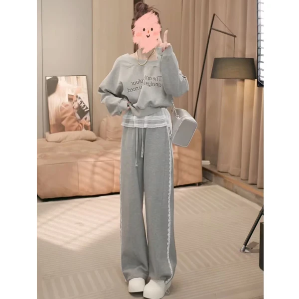 春季新款长袖韩版时尚休闲显瘦印花字母卫衣拼接宽松透气卫裤套装