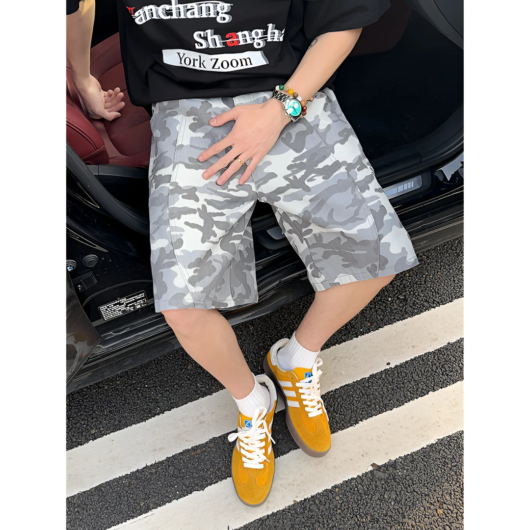 迷彩牛仔裤夏季美式水洗休闲复古短裤情侣硬汉高街潮流宽松五分裤