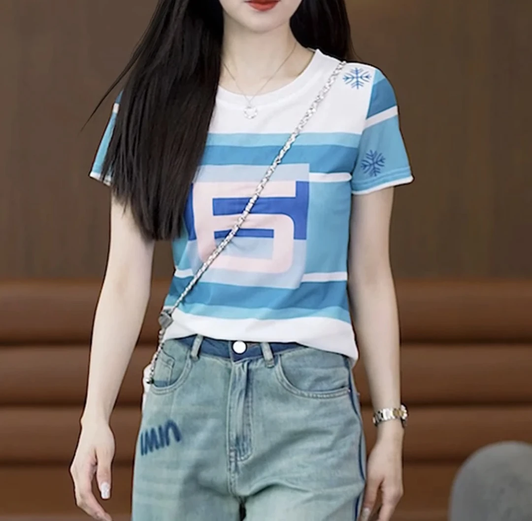 时尚撞色印花短袖t恤女夏季新款弹力冰丝网纱修身洋气上衣A2055