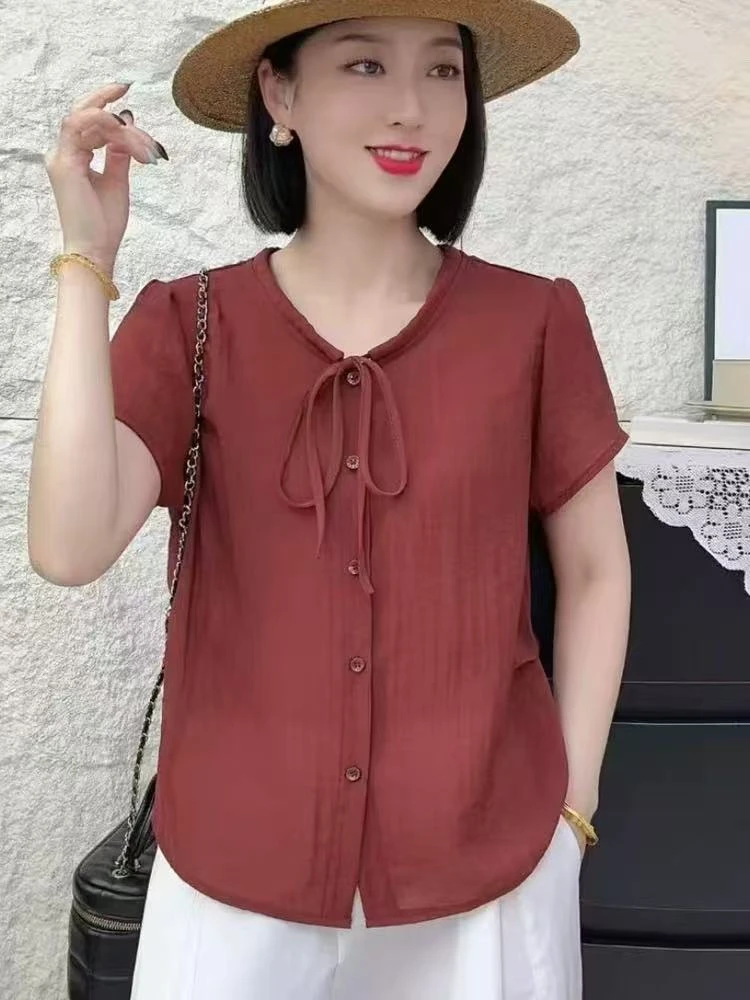 【原创正品】2025夏季新款短袖宽松纯色小衫圆领棉上衣A203