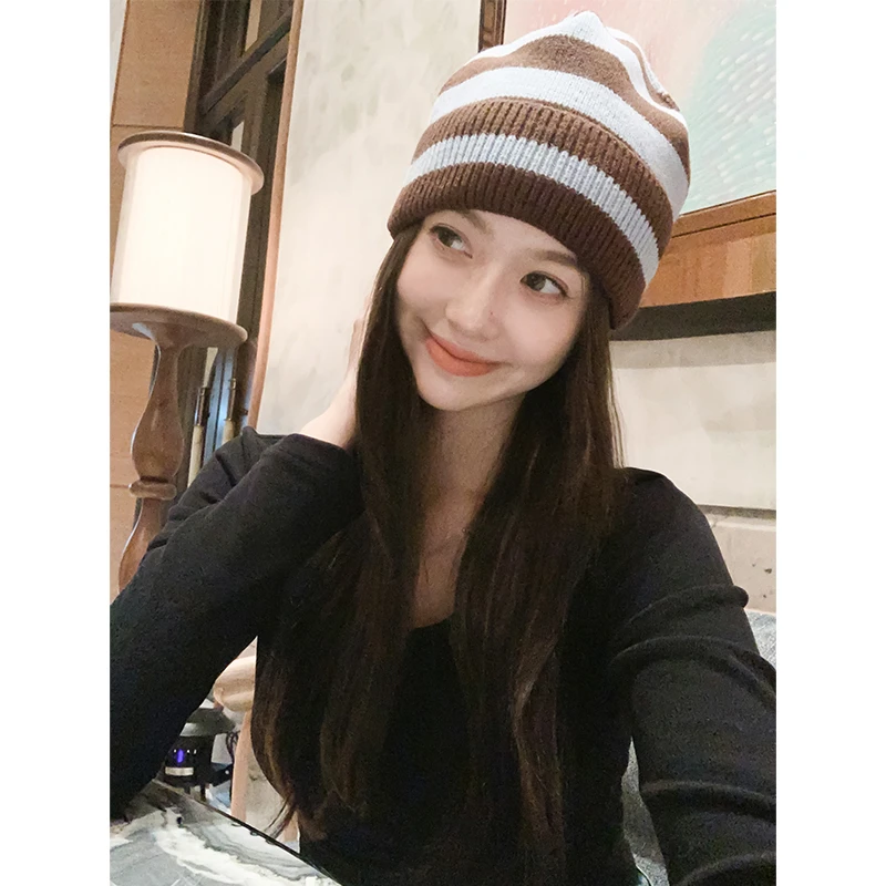 美洋MEIYANG富士蓝针织帽软乎乎仿羊毛撞色条纹复古保暖冷帽网红