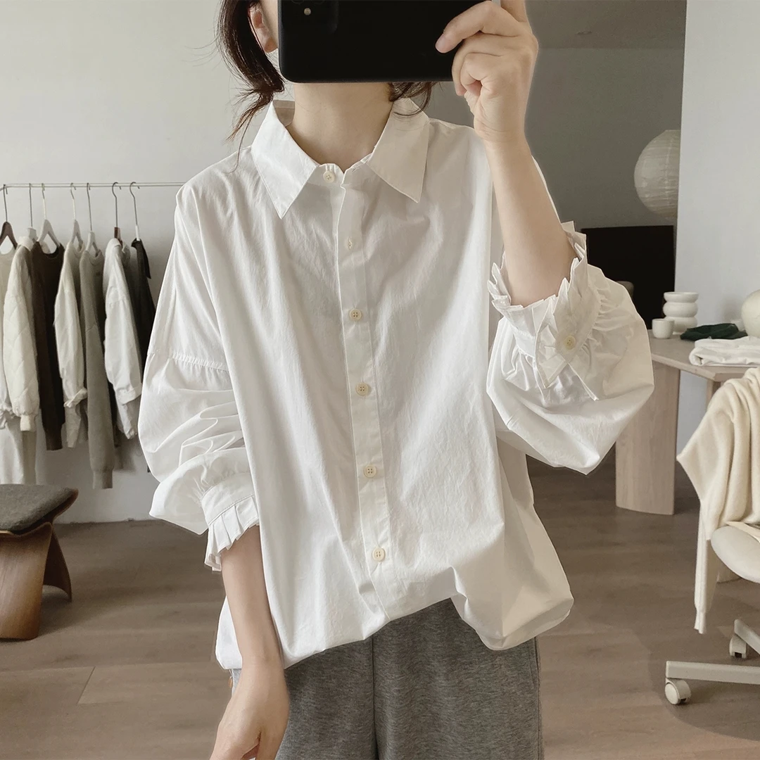 纯棉高品质长袖衬衫女春秋新款宽松显瘦韩版简约设计感减龄上衣