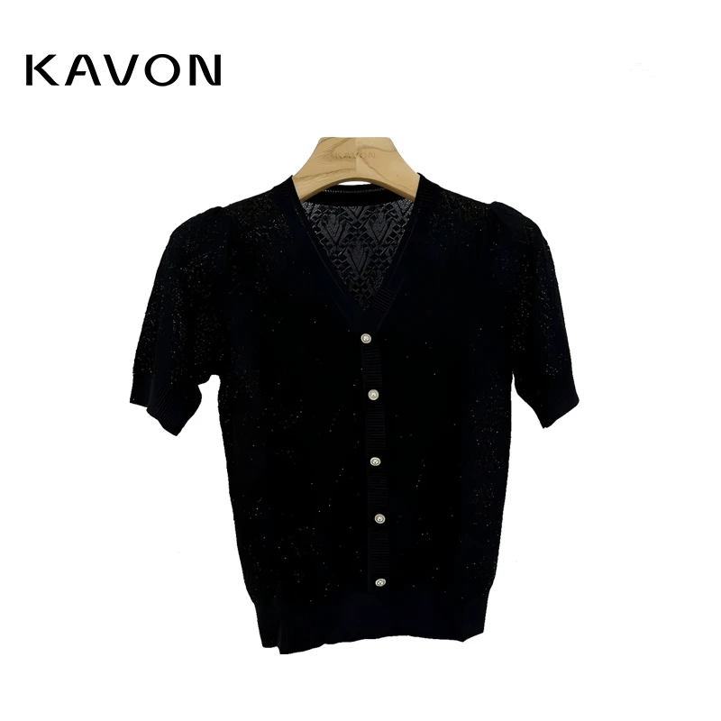 【晨粉专享价】夏季镂空黑色百搭短袖衬衫打底毛毛衫KN2M500TE上衣