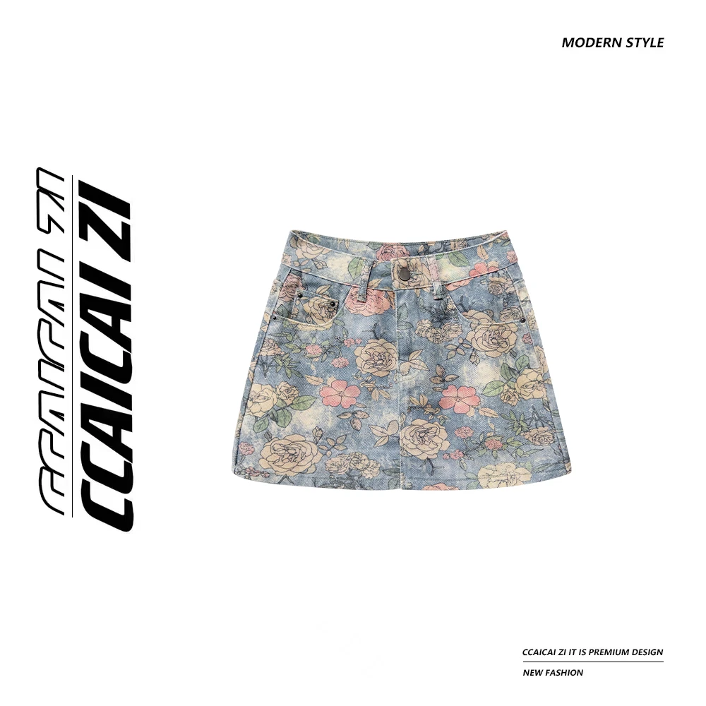 CCA229【油画少女】做旧玫瑰花小A版型牛仔裙 有安全裤 l