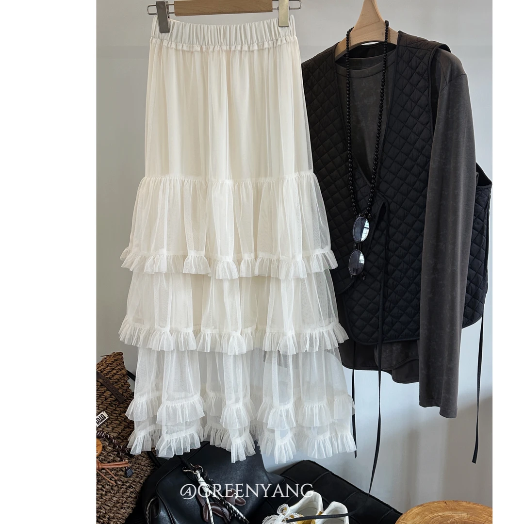 老羊家~蛋糕半身裙2025早春新款松紧腰网纱花边拼接A字摆气质长裙