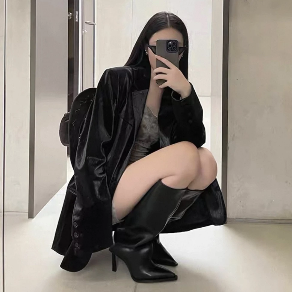 2025骑士靴裤管高级感显瘦尖头辣妹不过膝细跟长靴软皮瘦瘦靴女