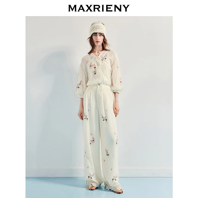 MAXRIENY波嬉风刺绣宽松上衣衬衫休闲长裤套装女25新款度假两件套