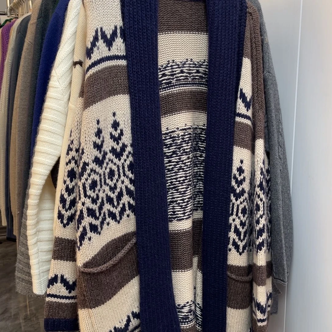 下***晴中长款 花型 拼色 羊绒衫