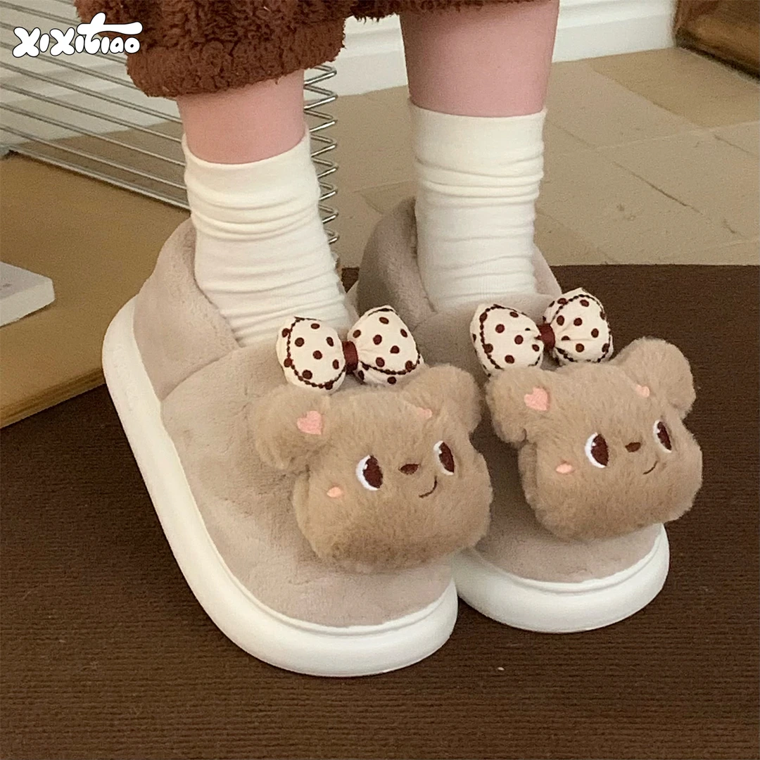 细细条 蝴蝶结小熊2025毛毛鞋女保暖包跟室内家居软萌冬季棉拖鞋