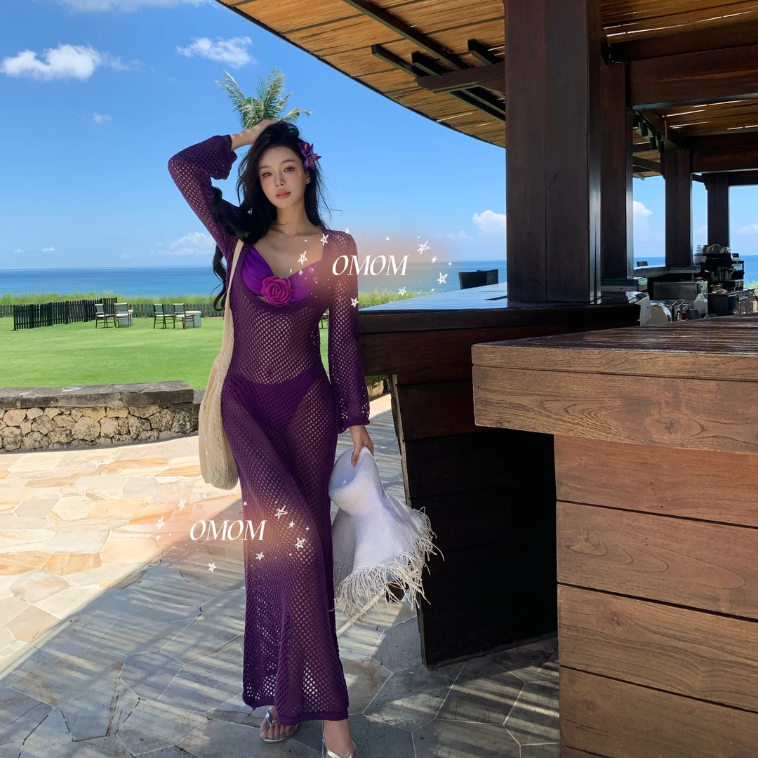 夏日绝美韵味比基尼三件套长袖镂空沙滩裙温泉海边度假泳衣5041