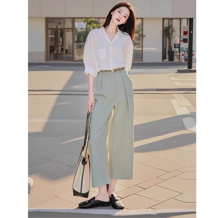又a又飒衬衫阔腿裤职业两件套装夏梨型身材通勤穿搭正式场合女装