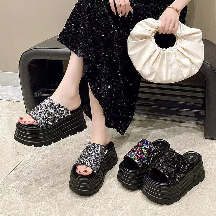 亮片松糕厚底凉拖鞋女夏外穿2025新款软底配裙子时尚百搭沙滩凉拖