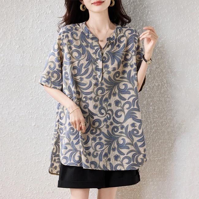 2025夏季新款V领短袖宽松型中长款大码T恤时尚透气显瘦上衣女