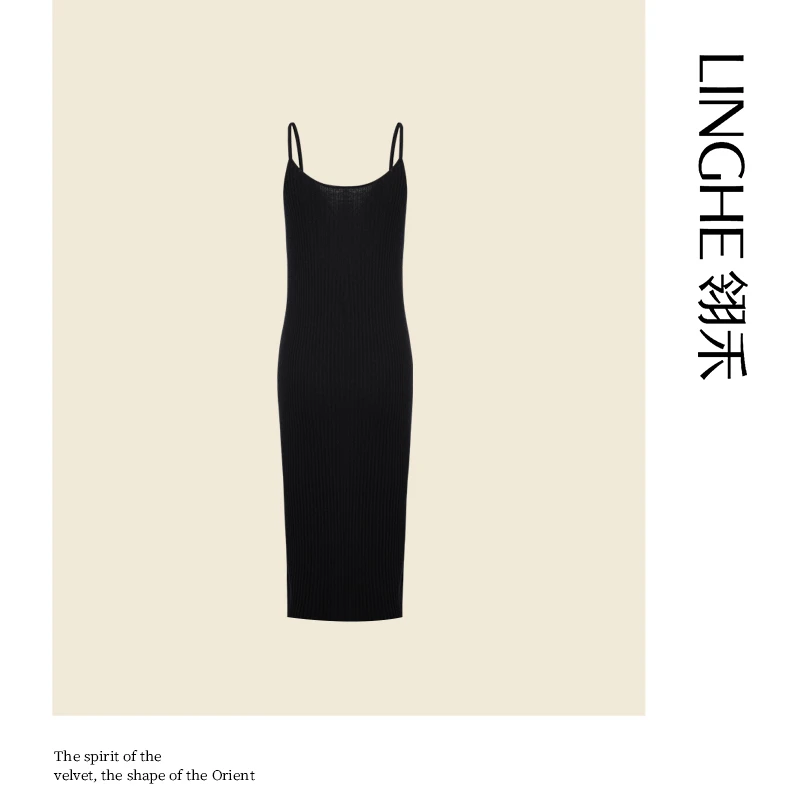 翎禾LINGHE-新款女装吊带连衣裙纯山羊绒时尚小黑裙