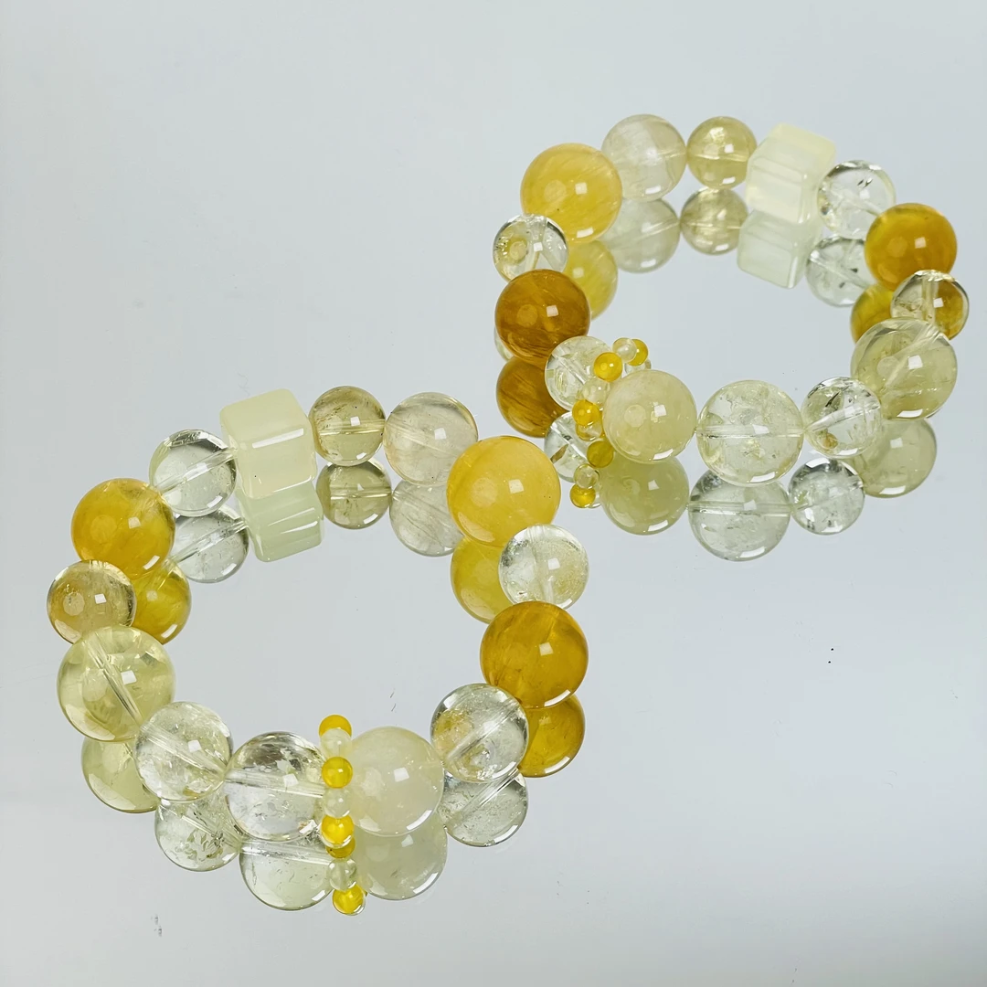 【141 柠檬多宝】黄水晶方糖萤石12-16mm手串面小仙多样性发其一Z