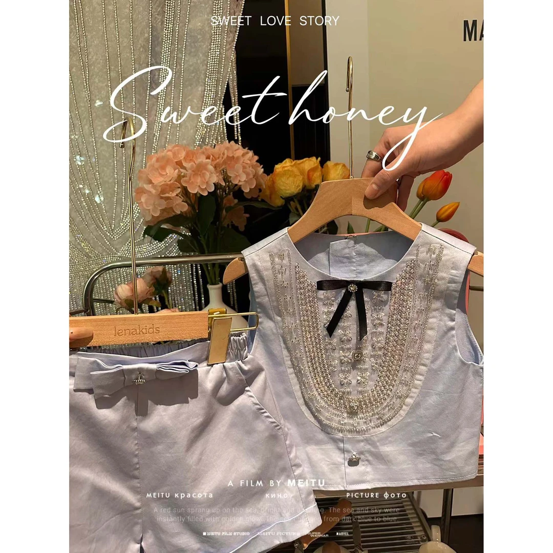 【现货】MOANA 洋气无袖重工带钻蝴蝶结套装女宝汉服24042322