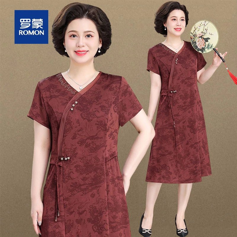 罗蒙中年妈妈夏装新中式国风旗袍裙女贵夫人中老年女装大码连衣裙