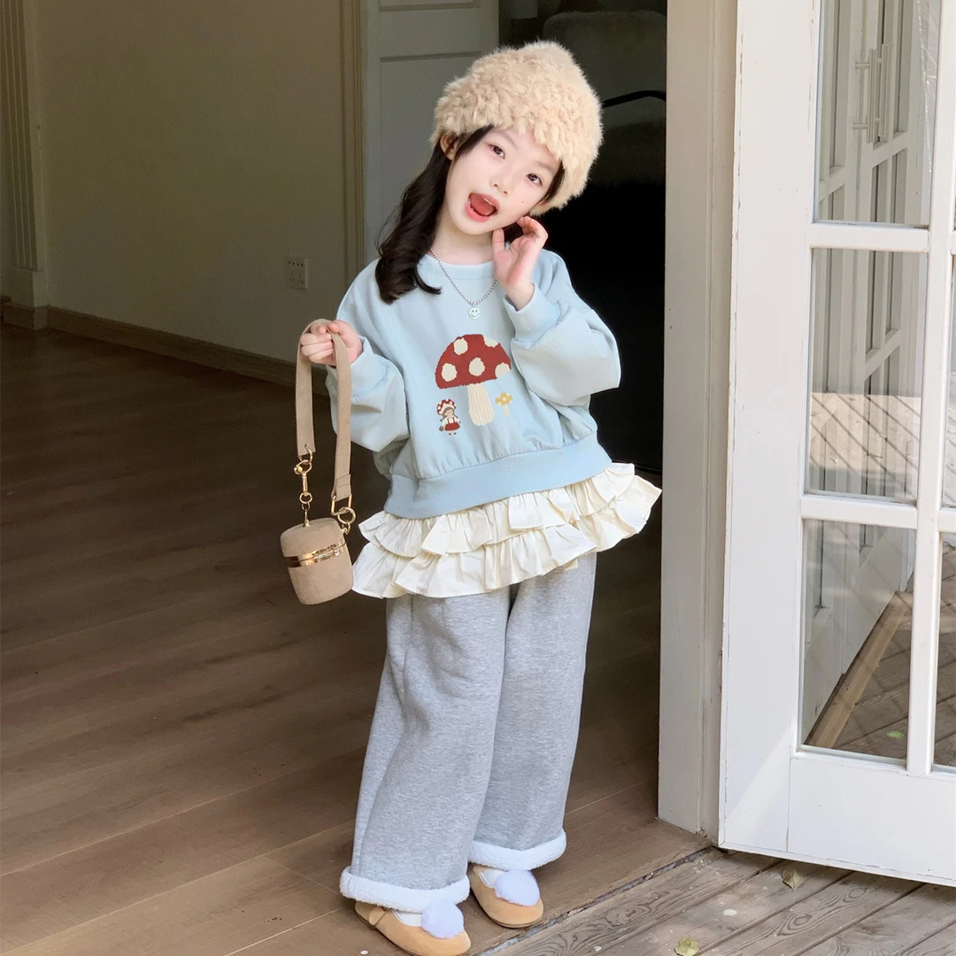 小思家女童2025秋冬新款韩版卡通加绒花边卫衣纯色卫裤休闲套装