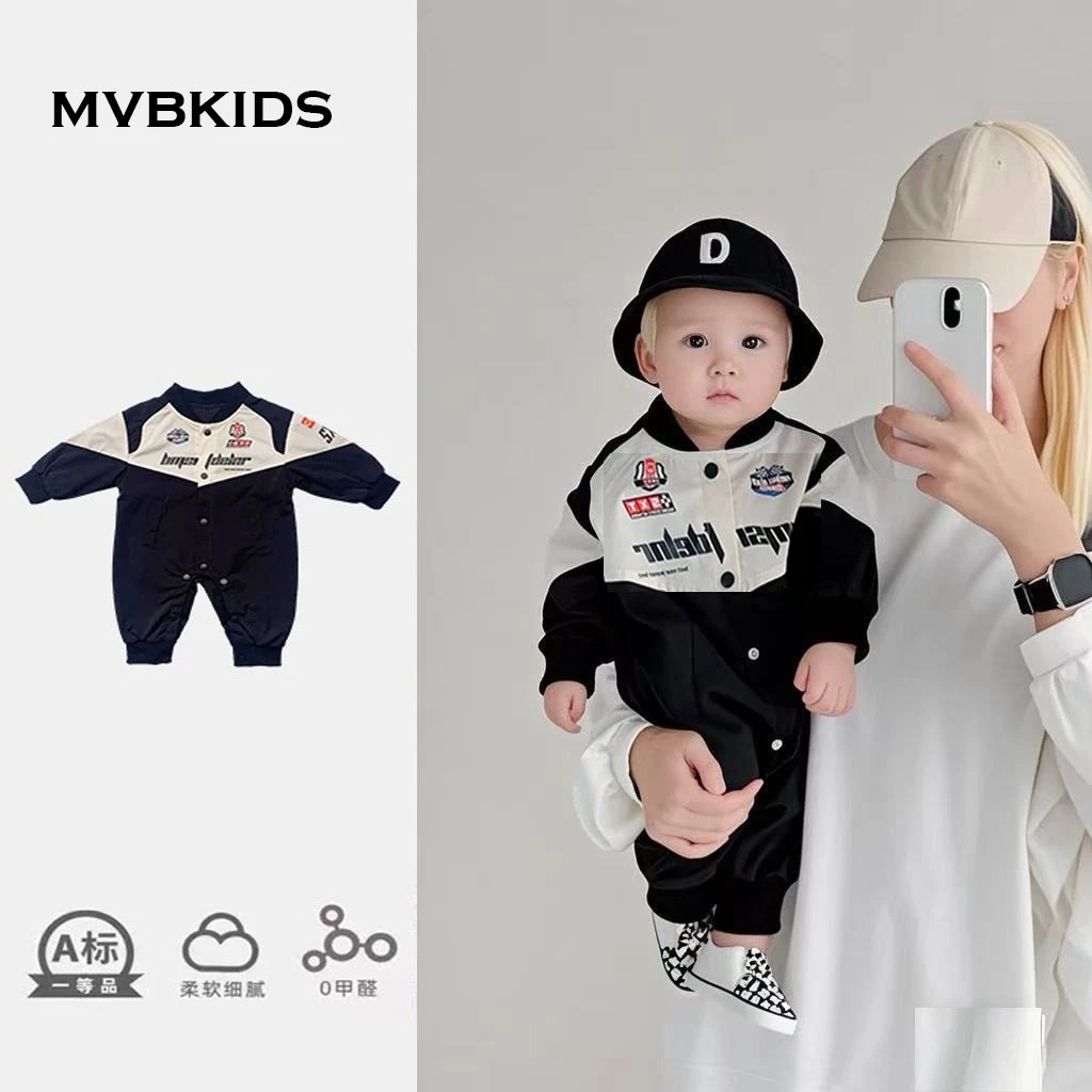 早春婴儿赛车服连体衣男女宝街头外出冲锋衣宝宝哈衣帅气机车爬服