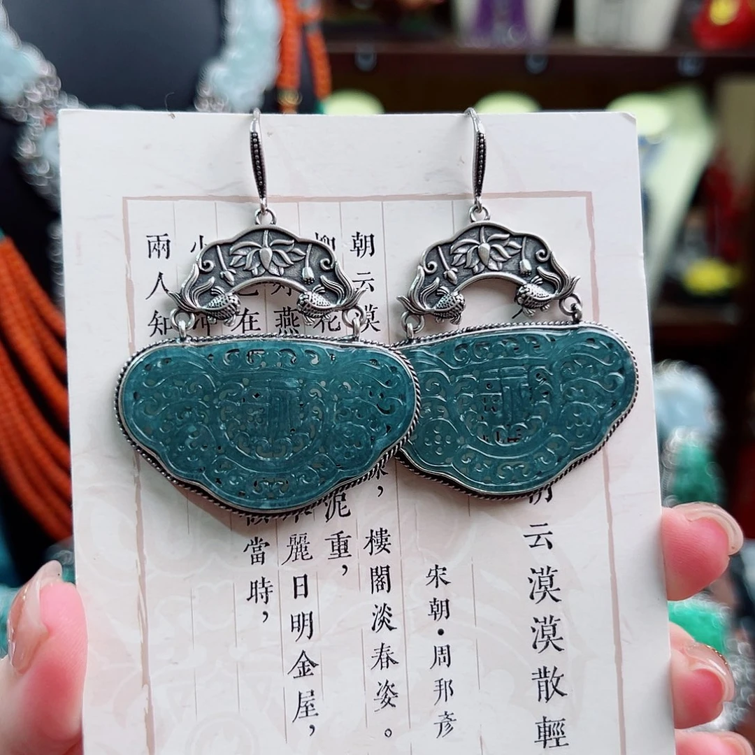 银S925镶嵌翡翠耳饰国风
