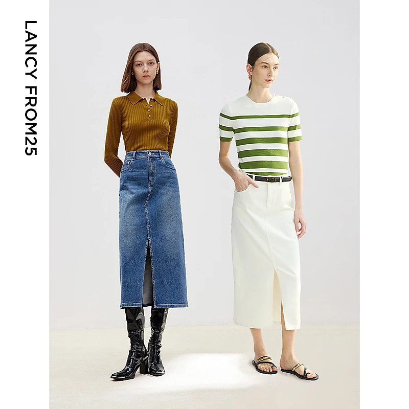 朗姿法式复古高级感高腰中长裙牛仔中长直筒半身裙25年春季欧若风