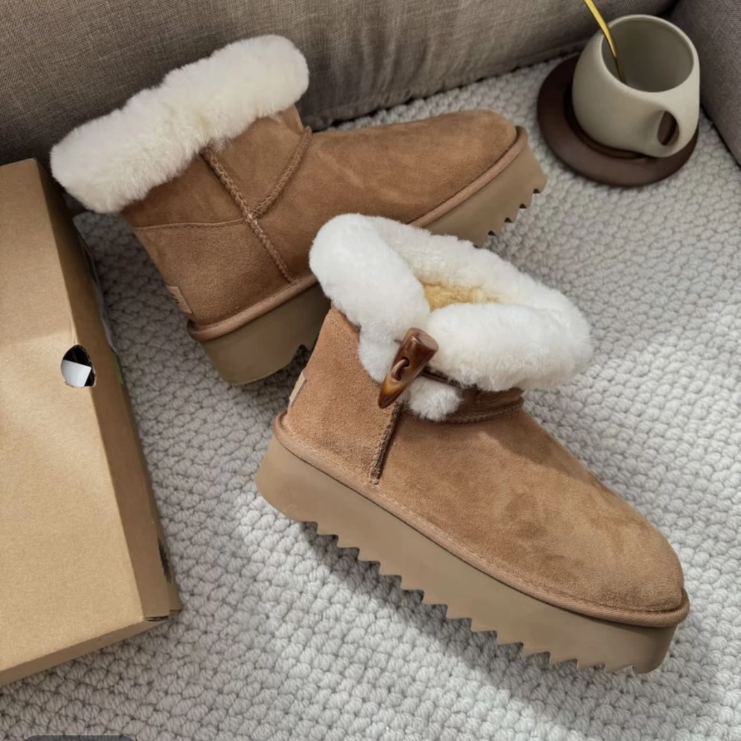 【双11】厚底一粒牛角扣-2025冬季保暖时尚中筒雪地靴女鞋