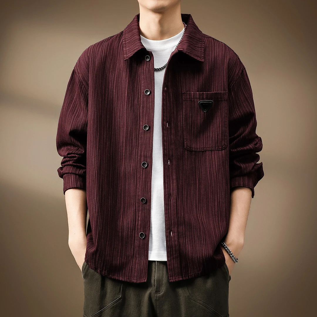 高端日系竹节纹酒红色衬衫外套男秋季宽松美式复古工装新款衬衣男