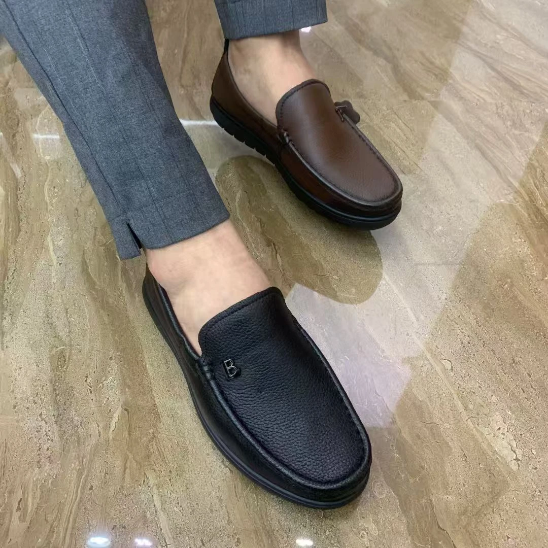 广州男鞋新款真皮透气男士软面轻底套脚商务休闲乐福皮鞋男春季