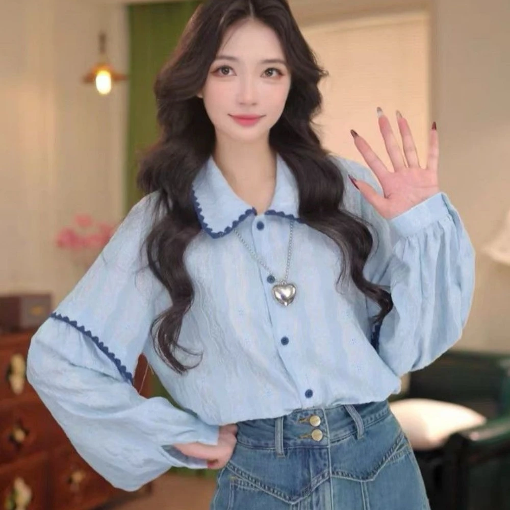 2025年秋季港风撞色拼接衬衫女新款肌理感文艺复古宽松百搭上衣