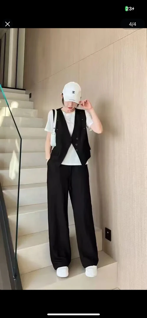 西菲凯达：，藏青，黑色，减龄套装女气质显瘦马甲高腰阔腿裤三件套