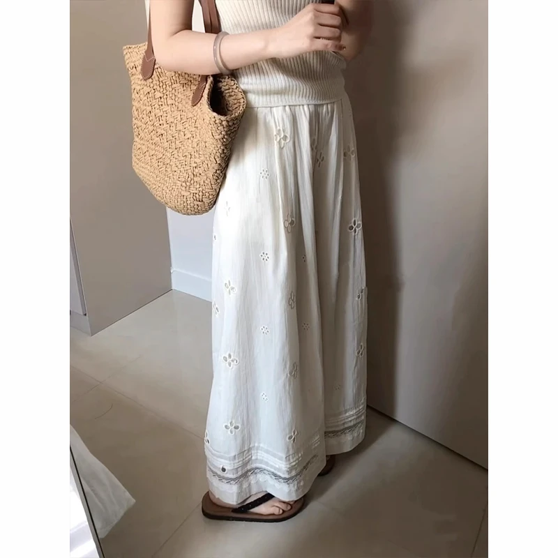 夏季新款小众设计感镂空蕾丝拼接休闲裤子女韩系宽松阔腿直筒长裤