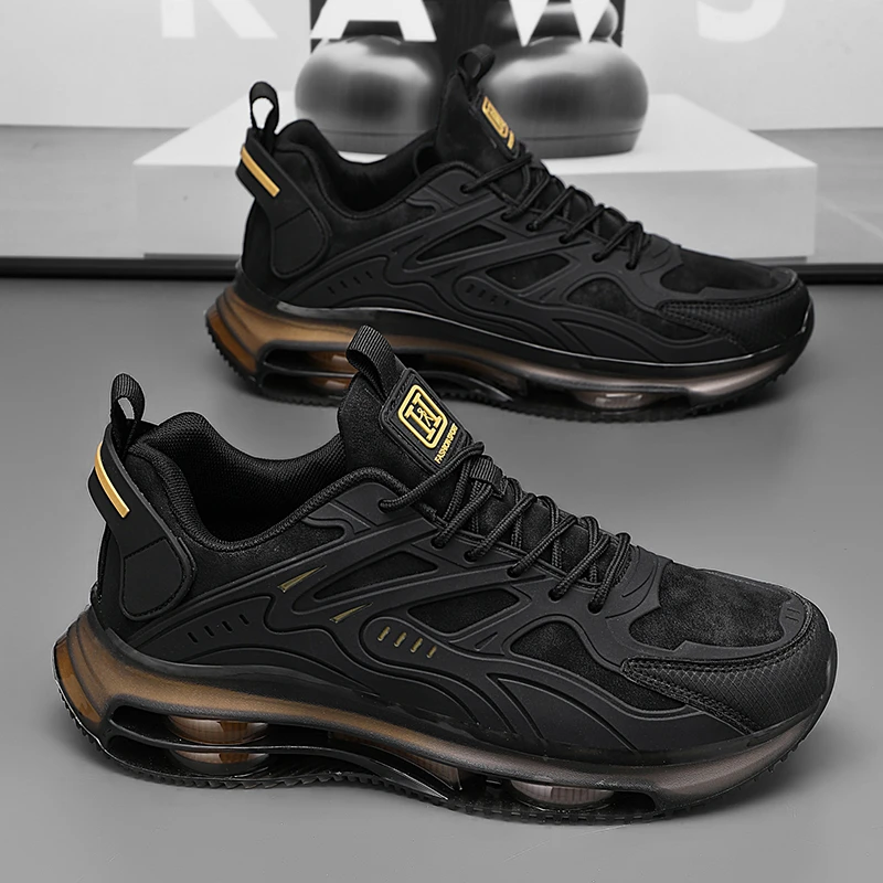 皮面运动鞋跑步薄款时尚气垫休闲鞋低帮春秋季防水纯色男鞋子