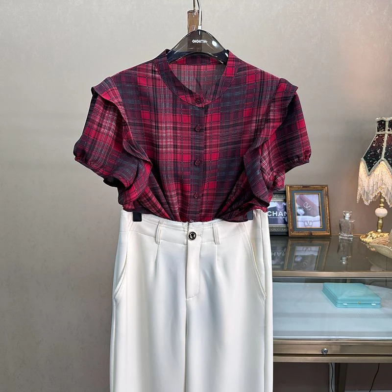 韩范时尚夏款圆领短袖红色女衬衫气质显瘦减龄百搭复古格纹女衬衣