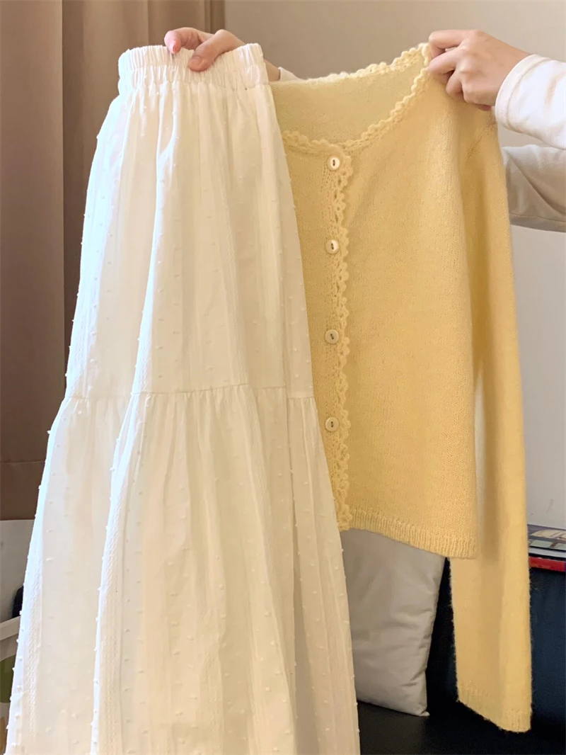 夏季新款温婉大方穿搭一整套圆领花边排扣针织开衫A字显瘦半裙女