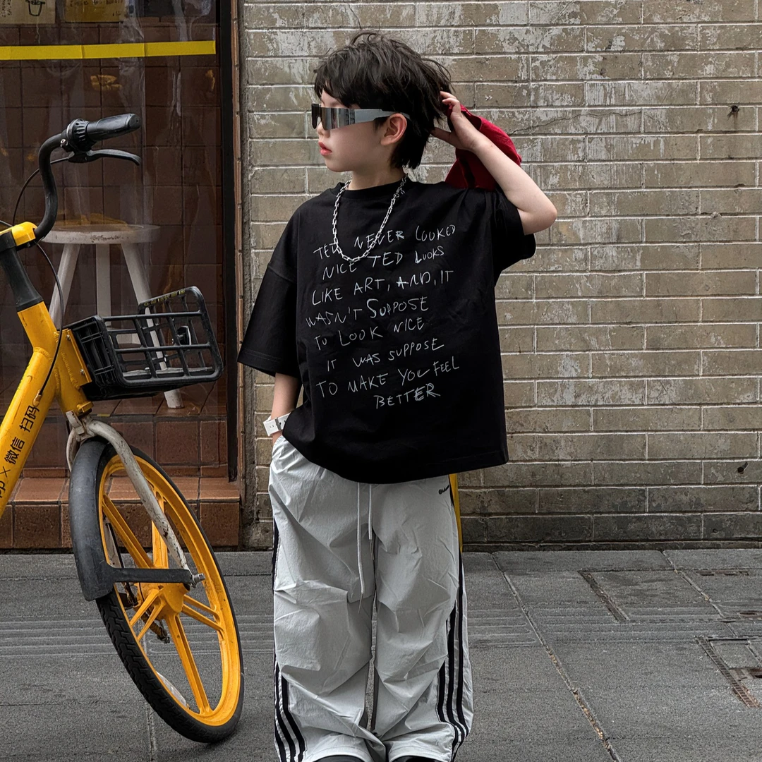 2025夏季新款韩版男童字母美式印花T恤上衣短袖