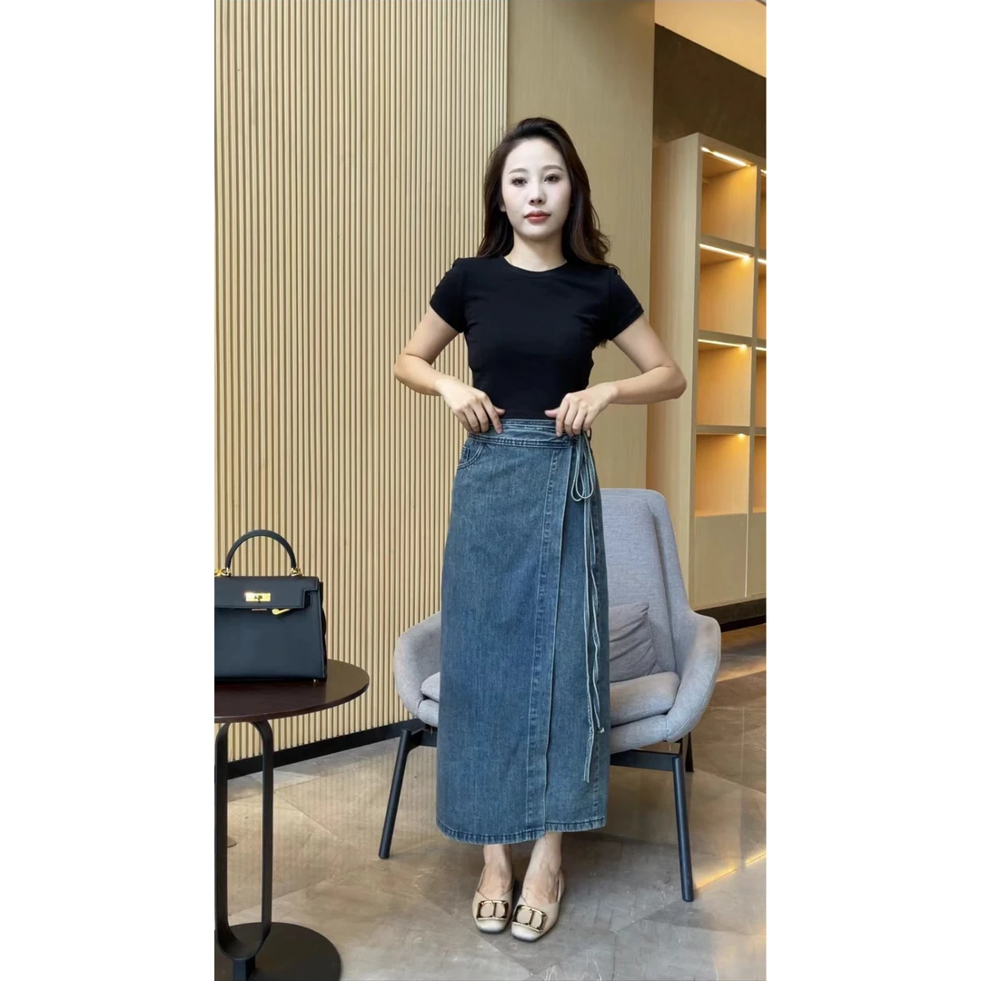 【梦婷家】新款收腰系带开叉牛仔设计感半身裙-24106