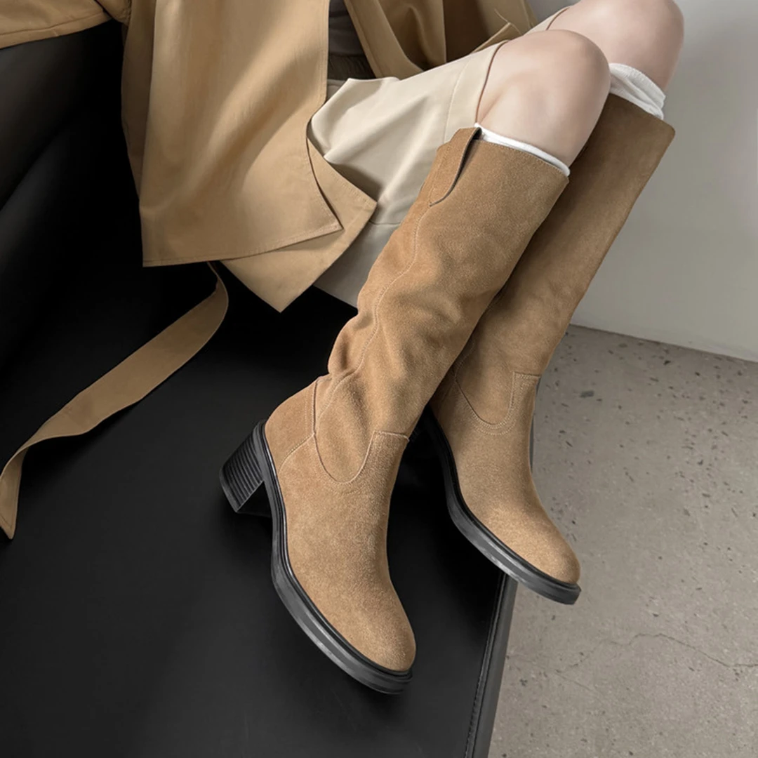 真皮粗跟厚底高筒骑士靴女不过膝长靴2025秋冬新款复古褶皱堆堆靴