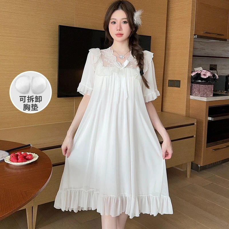 睡裙女夏款带胸垫短袖莫代尔网纱法式公主风睡衣女款爆款2025新款