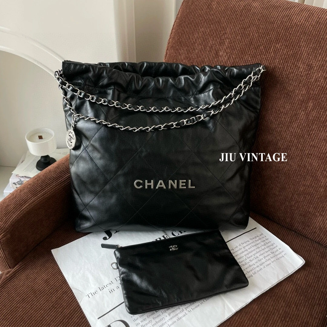 99新 Chanel/香奈儿 22Bag黑银牛皮垃圾袋 CJM7-3339