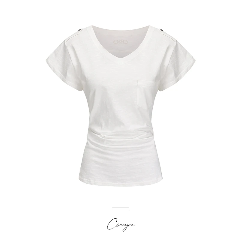 Cseeym 自留款慵懒感正肩大v领雪花纹理短袖上衣