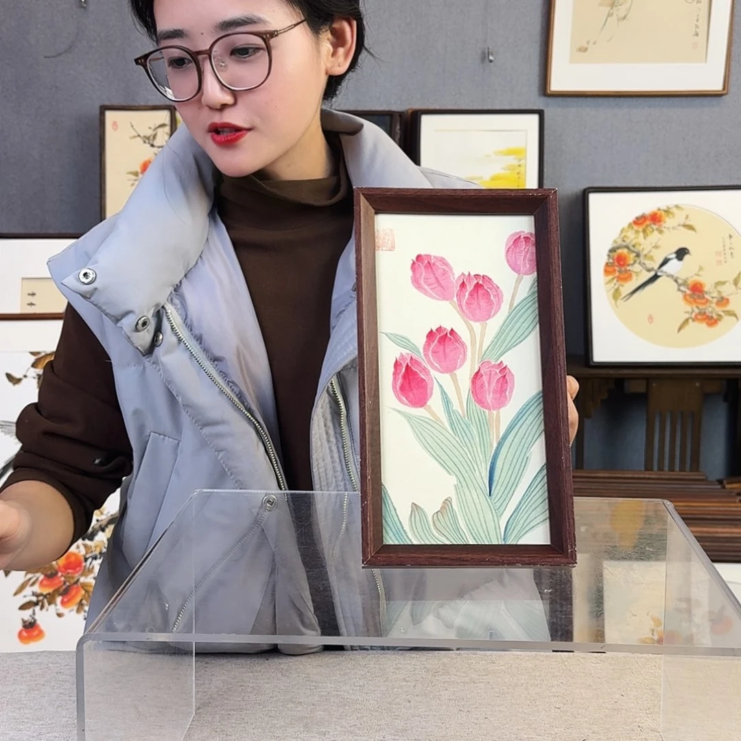 国画纯手绘，纯手写带框尺寸：16×29厘米