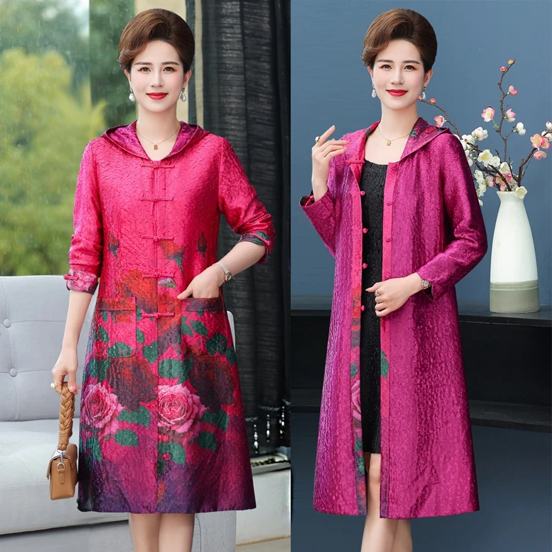 妈妈装中长款褶皱外套阔太太两面穿风衣中老年女薄款外套新年款