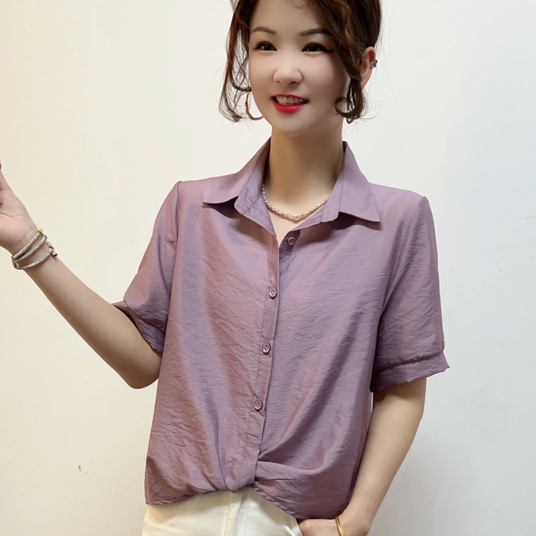 夏季韩版女士时尚百搭显瘦衬衫气质减龄纯色薄款短袖T恤休闲衬衣