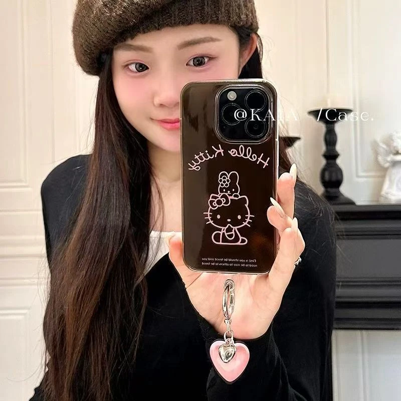 深棕色简约爱心哈喽kt适用苹果16promax手机壳iphone15新款13桃心
