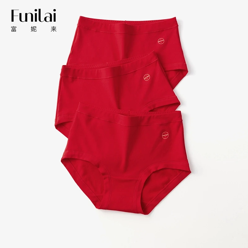 富妮来红色内裤女士本命年中高腰收腹内裤结婚大红三角裤棉质裤头