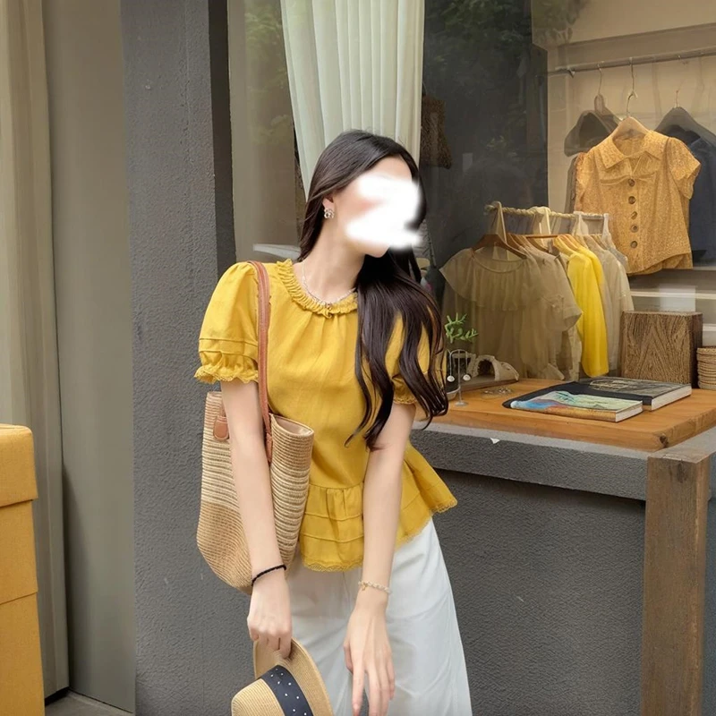 法式小众蕾丝拼接木耳边短袖衬衫女夏季新款韩系百搭宽松显瘦上衣