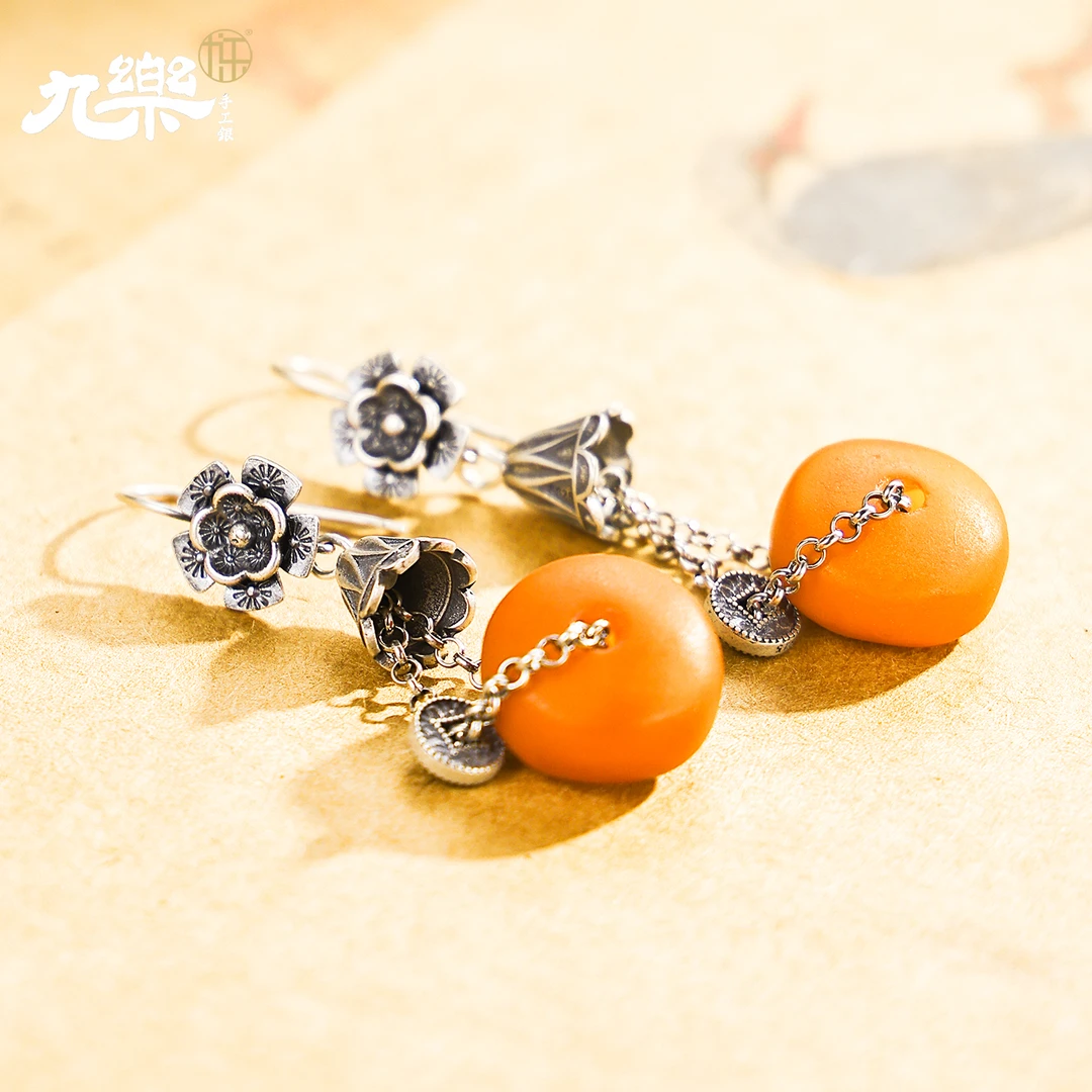 九乐蜜蜡花朵钱币耳环手工 国风国潮百搭