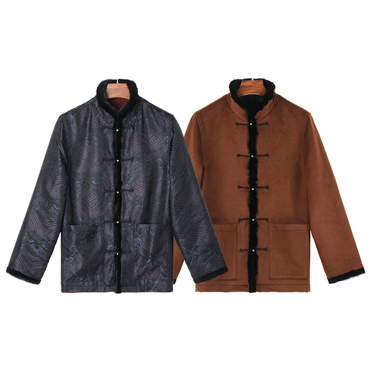 99021 男士双层双面穿立领唐装宋锦桑蚕丝水波纹羊毛呢新中式外套